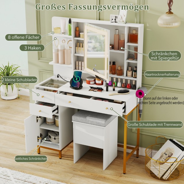 Costway Λευκό Τραπεζάκι Μακιγιάζ με Φωτιζόμενο Καθρέφτη & Σετ Σκαμπ...