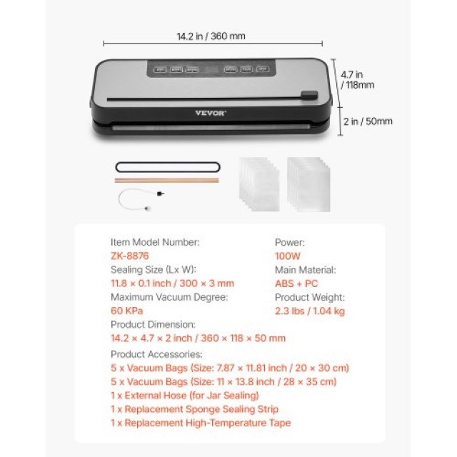 VEVOR Μηχανή Σφράγισης Κενού 5-σε-1 Αυτόματη 100W 10 Σακούλες JYJZKFKJ120WY1MXLV2