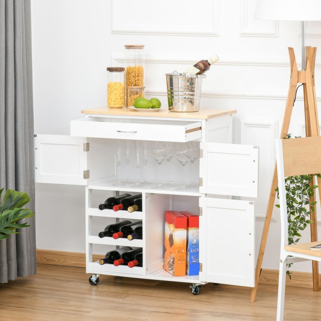HOMCOM White Wood Kitchen Cart food with Bottle Rack 1 συρτάρι και 3 πόρτες, 67x37x87cm 801-179