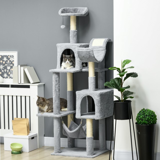 PawHut Cat Tree με αιώρα, κρεβάτι και 2 σπίτια, σε μοριοσανίδα και βελούδινο, 55x49x177 cm, γκρι και λευκό D30-741V00GY