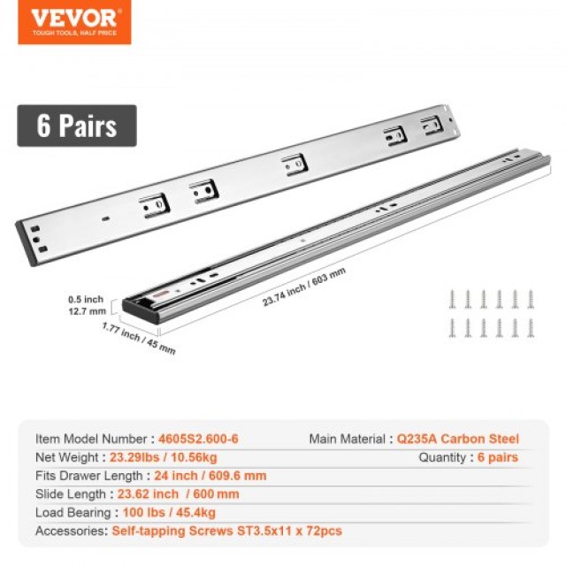 VEVOR 6 Ζεύγη Συρόμενων Οδηγών 609.6mm, Βαρέως Τύπου με Αθόρυβο Κλείσιμο, 100 Lbs Φορτίο  CZCJCTDG100L9BKQKV0