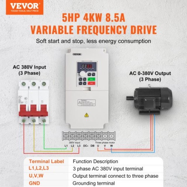 VEVOR Μετατροπέας Συχνότητας 5HP 4KW 8.5A 3 Φάσεων AC 380V Είσοδος ...
