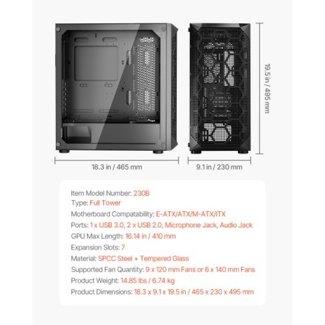 VEVOR Πύργος Υπολογιστή Gaming με 3 x140mm PWM Ανεμιστήρες για E-ATX Μητρική DNJXQT140MMPDHRHW001V9