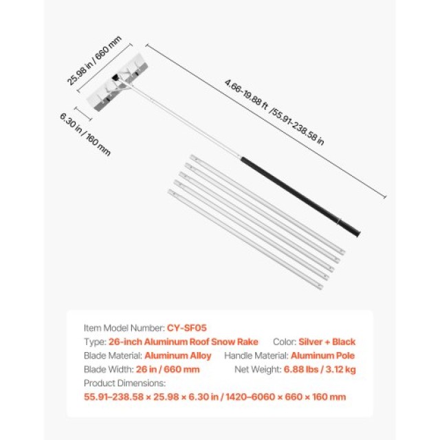 VEVOR Χιονιάς Στέγης με Ρόδες, Ρυθμιζόμενο 2.3-6m, Αλουμινένια Λεπί...