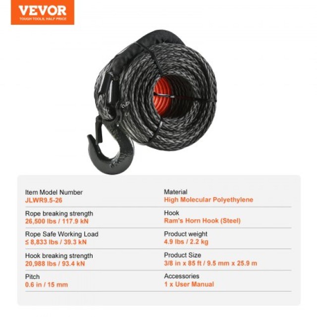 Συνθετικό Σχοινί Βίντσι VEVOR 3/8x85 26,500 lbs με Γάντζο & Ιμάντα ...