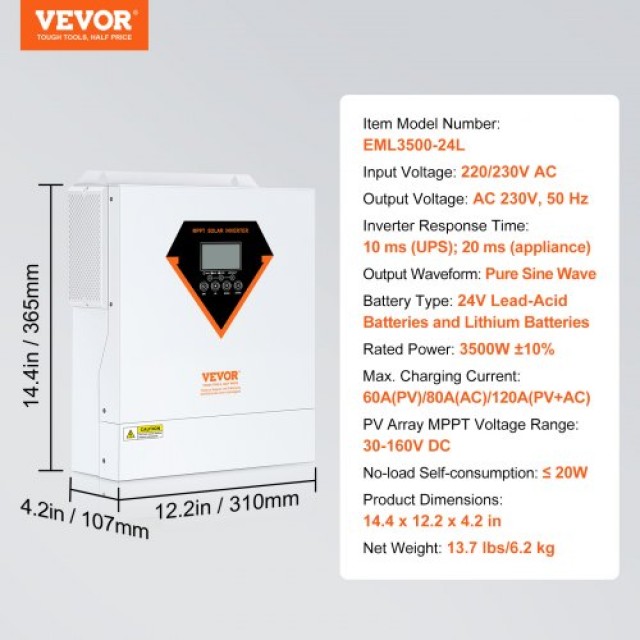 Υβριδικός Ηλιακός Αντιστροφέας VEVOR 3500W 230V με Ενσωματωμένο Ελεγκτή MPPT 60A  LWGPNKYTJMPP9F5YKV2