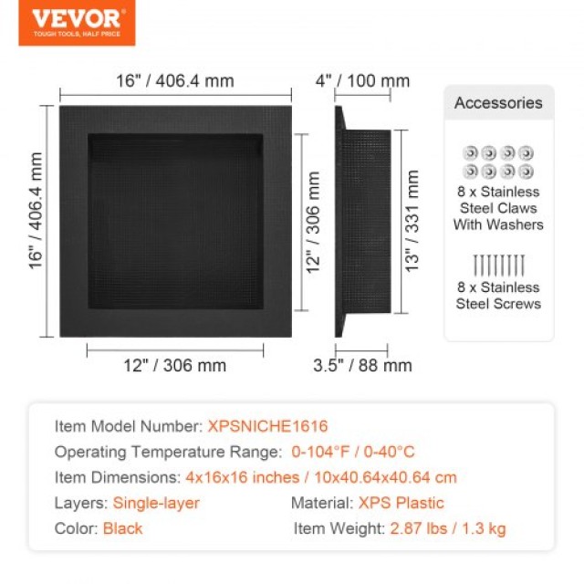VEVOR Ντουλάπι Ντους 40.64 x 40.64 cm, Μαύρο, Μονή Ράφι Οργάνωσης, ...