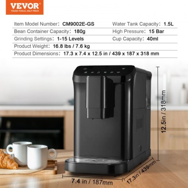 Αυτόματη Μηχανή Espresso VEVOR 15Bar με Ενσωματωμένο Μύλο & 15 Επίπεδα Άλεσης  QZDYSKFJYSKFSJ1HMV2