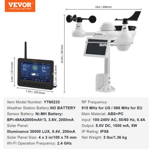 VEVOR 7-σε-1 Wi-Fi Μετεωρολογικός Σταθμός με Ασύρματο Αισθητήρα Εξωτερικού Χώρου  TYN70TFTWIFI71ZZTV2