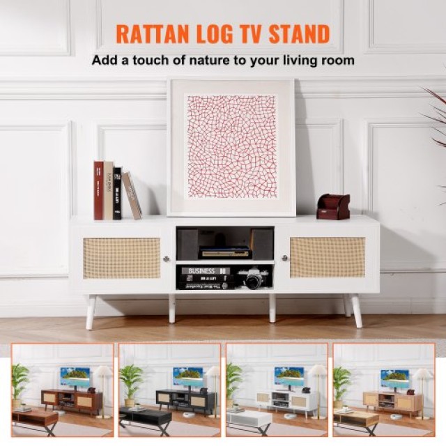 VEVOR Ρατάν Έπιπλο TV για 65 Boho με Ενσωματωμένη Πρίζα Λευκό  TBDSJ55YCBSL3PJVTV2