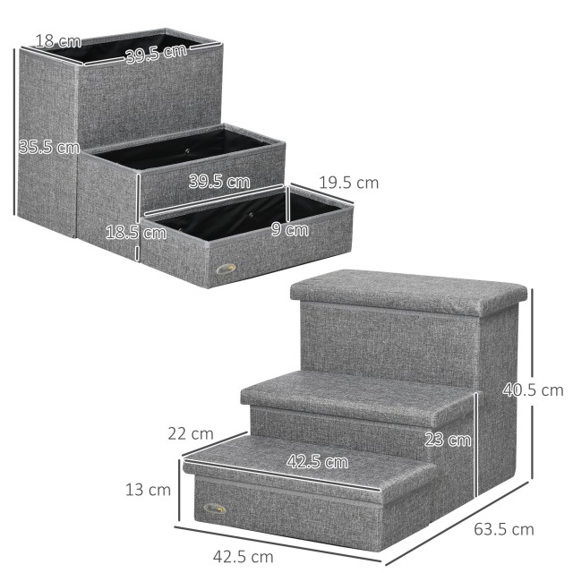 PawHut Ladder για σκύλους και γάτες max 5kg με 3 σκαλοπάτια, σε ύφασμα λινό εφέ και MDF, 63,5x42,5x40,5 cm, Γκρι D06-173V70LG