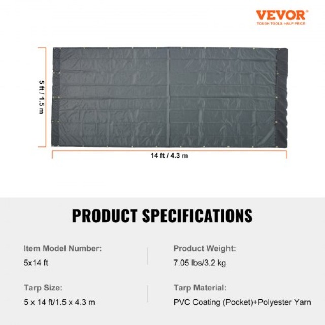 VEVOR Κάλυμμα Δίχτυ Απορριμματοφόρου, 5 x 14 ft, Βαρέως Τύπου Μαύρο PVC με Ορειχάλκινα Τρουκς  KCPVC5X1418OZKBIKV0