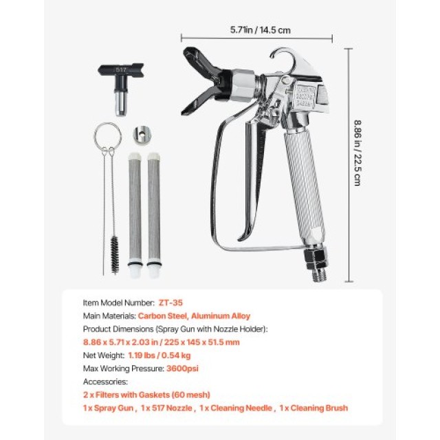 VEVOR Πιστόλι Βαφής Χωρίς Αέρα 3600PSI Υψηλής Πίεσης με Μύτη 517 GYWQPTJRGJPJNLZF8V0