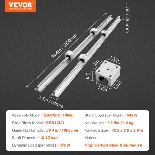 VEVOR  Σετ Οδηγών SBR12 1000mm, 2 Ράγες & 4 Οδηγοί SBR12UU για CNC ZXDGSBR12MM10S0WTV0