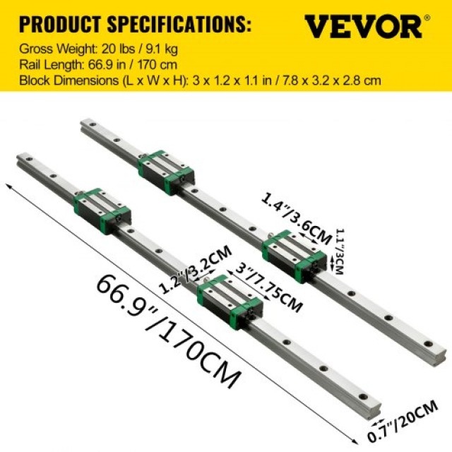 VEVOR  Σετ Γραμμικών Οδηγών 3τμχ (0.78-66 ίντσες) με 4τμχ Ρουλεμάν HSR20 για CNC Router/Τόρνους/Φρέζες (XYZ Άξονες) ZXDGHSR20-1700001V0