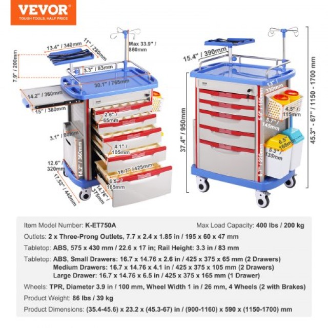 VEVOR Κινητό Ιατρικό Καρότσι 5 Επιπέδων με 5 Συρτάρια & 2 Κάδους Απορριμμάτων Μπλε SYSTCECKFLS4VNN2DV2