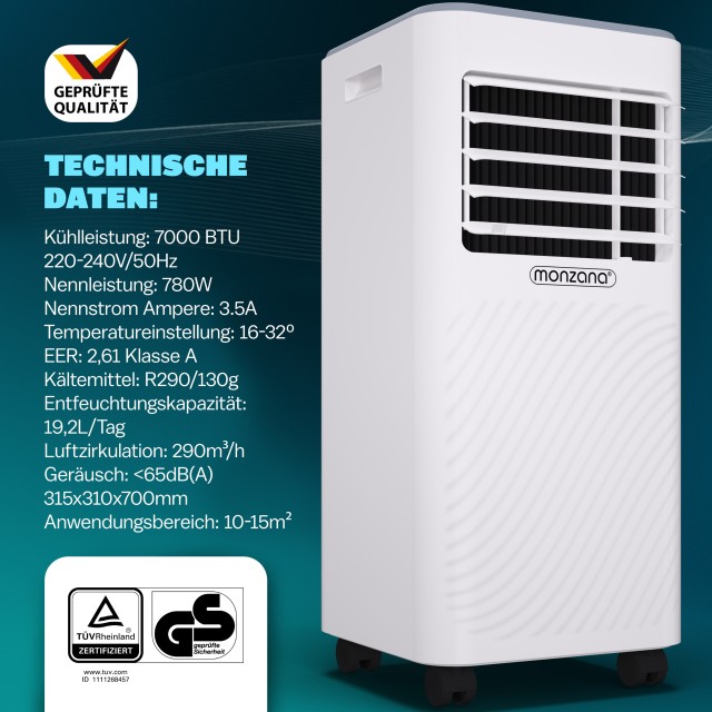 Φορητό Κλιματιστικό MZKA2000 780 W με Τηλεχειριστήριο 7.000 Λευκό BTU 109615 Monzana