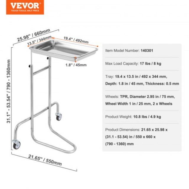 VEVOR Ανοξείδωτο Εργαστηριακό Καρότσι με Δίσκο & 2 Αθόρυβους Τροχούς για Εργαστήριο/Κλινική  SYSTCECKFSS2HAV26V0