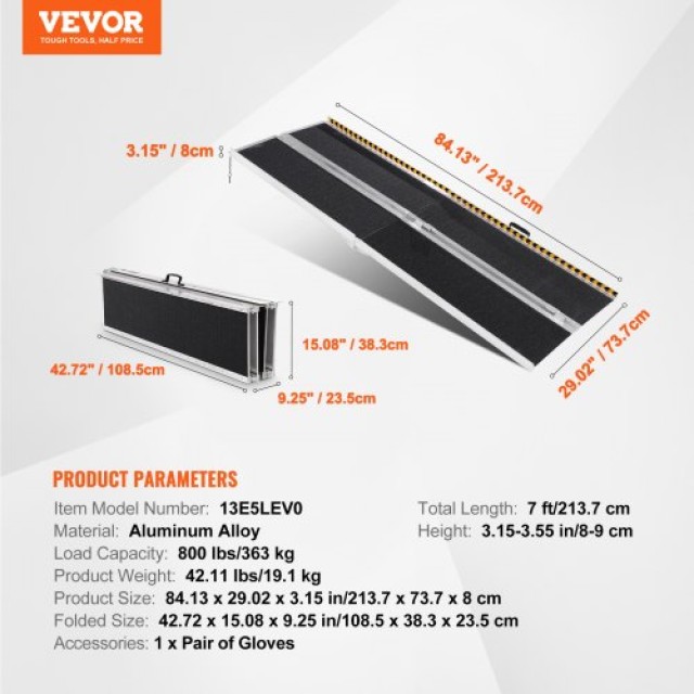 VEVOR  Φορητή Ράμπα Αμαξιδίου, 7 ft, 800 lbs, Αντιολισθητική, Αλουμινίου, Πτυσσόμενη, για Σκάλες/Πόρτες/Πεζοδρόμια  ZDKMJPD84YC13E5LEV0