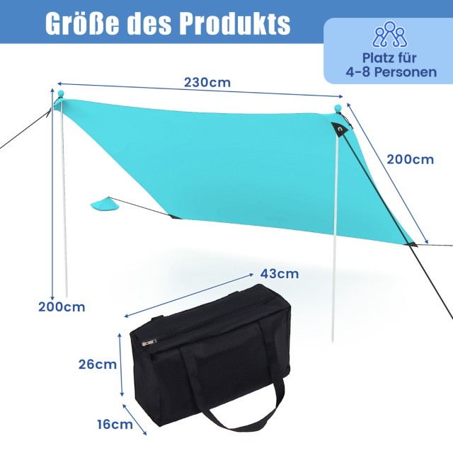 Costway παραλιακή σκηνή 230 x 200 cm UPF 50+ σκηνή ηλίου με άγκυρες άμμου, σακούλες άμμου και 2 υποστηρικτικές ράβδους Τυρκουάζ NP11638GN