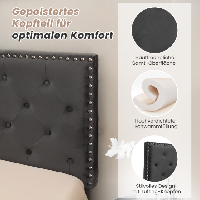 Costway Γκρι Υφασμάτινο Διπλό Κρεβάτι 200x180 cm με Σκελετό και Κεφ...