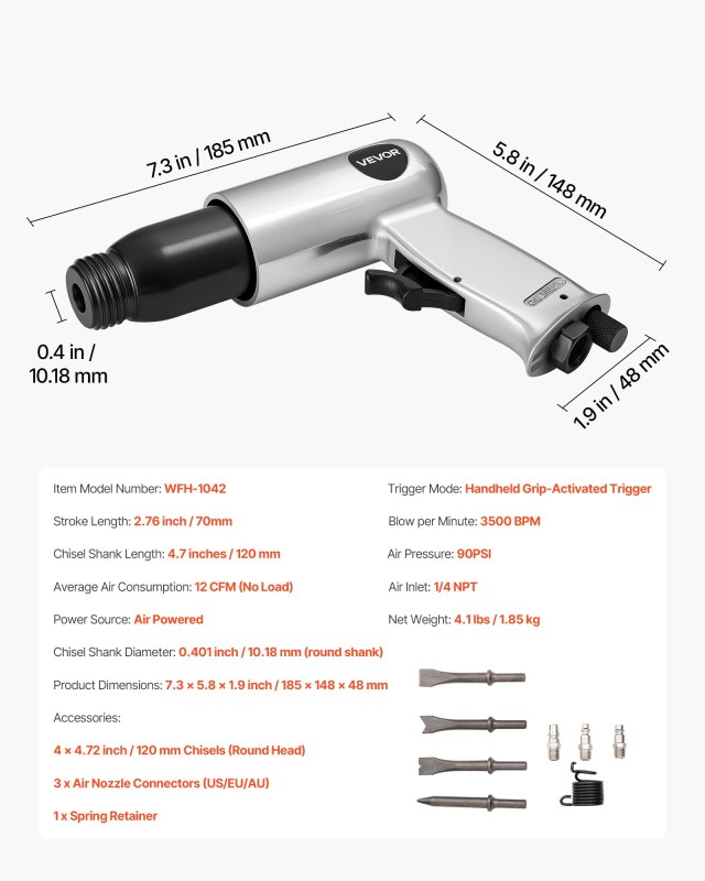 VEVOR Κιτ Πνευματικού Σφυριού Air Hammer με 4 Καλέμια 3500 BPM 12 C...