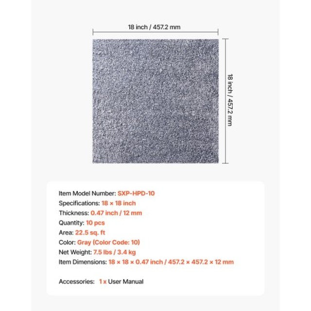 VEVOR Πακέτο 10 Αυτοκόλλητων Πλακιδίων Μοκέτας 457x457 mm - Γκρι ZZ...