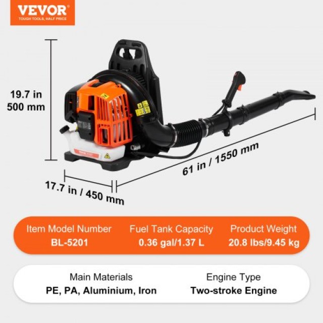 Φυσητήρας Πλάτης VEVOR 52CC 2-Χρονών 480CFM 175MPH  B280KMH0252CCSFFWV0