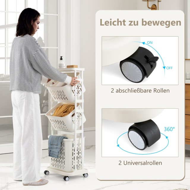 Costway Τρόλεϊ Καλάθι Ρούχων 3 Επιπέδων με Ρόδες και Λαβή JZ10267WH