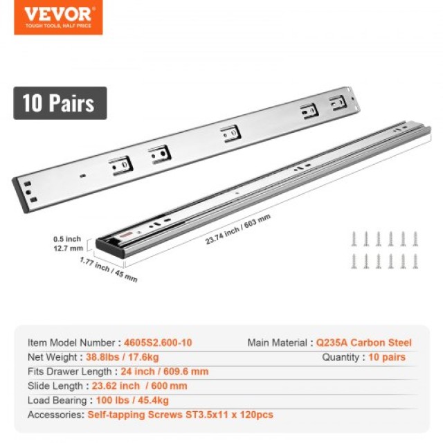 VEVOR  10 Ζεύγη Συρταροθήκες 609.6mm, Πλευρική Τοποθέτηση, Βαρέως Τύπου, Αθόρυβη Κλείσιμο, 100lbs Φορτίο CZCJCTDG100L9KG10V0