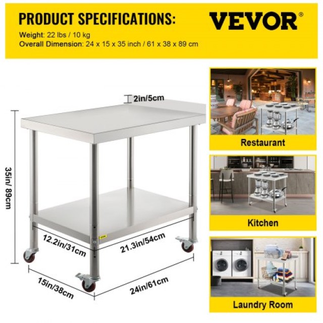 Τραπέζι Προετοιμασίας VEVOR Ανοξείδωτο 24x15x35, 440lbs, Ρυθμιζόμεν...
