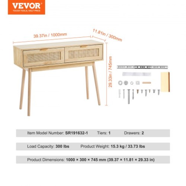 Τραπέζι Κονσόλα VEVOR Rattan με 2 Συρτάρια και Συρόμενη Πόρτα Φυσικ...