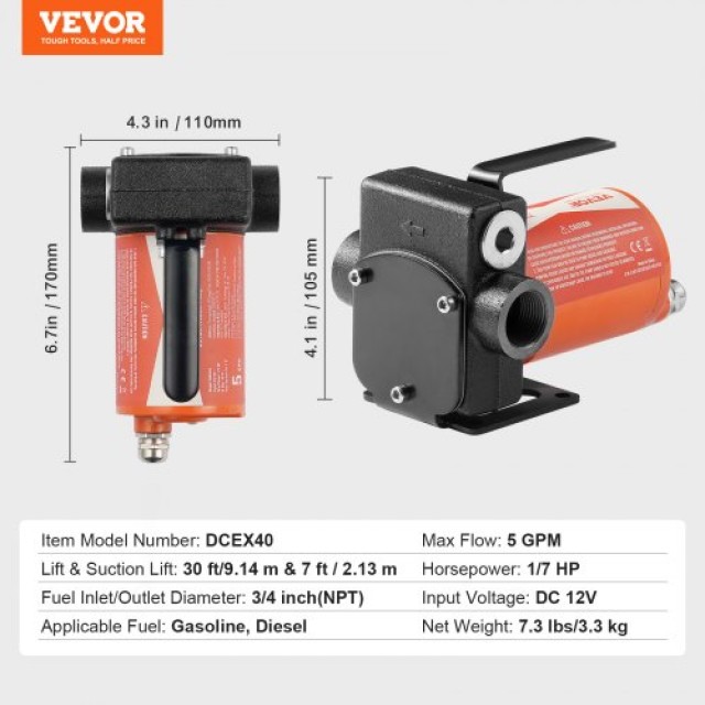 VEVOR  Αντλία Μεταφοράς Καυσίμου 12V 5 GPM με Αυτόματο Ακροφύσιο Πετρελαίου FBBMG37GPM11OTFVQV9