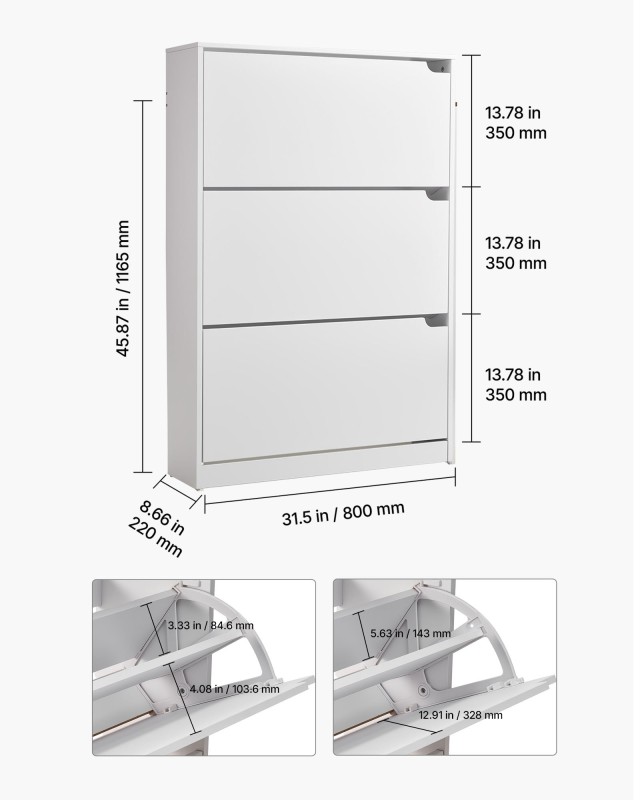 VEVOR Λευκή Ντουλάπα Παπουτσιών 3 Ανακλινόμενων Συρταριών με Σύστημ...