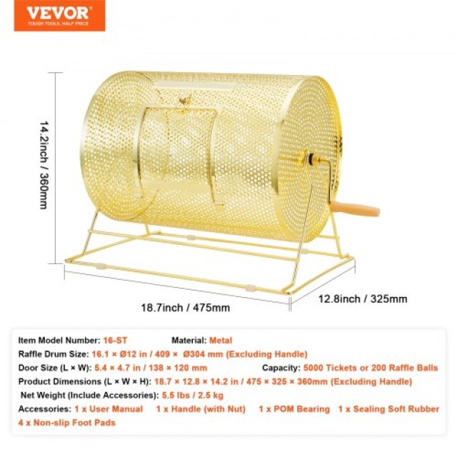 VEVOR Κλήρωσης, 16.1 x Ø12 ιντσών, Χρυσό Κλουβί για 5000 Κλήρους ή 200 Μπάλες, Μεταλλικό με Ξύλινη Λαβή, για Μπίνγκο  CJGJS16YC000Z86CGV0