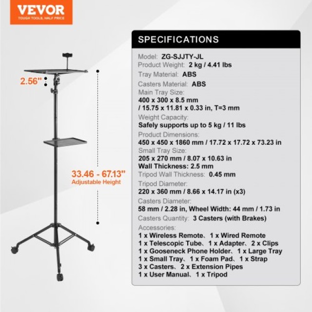 VEVOR  Βάση Προβολέα με Ρόδες & Βάση Laptop, Ύψος 31.3-67.3 SJJSTYYZJSTP3861GV0