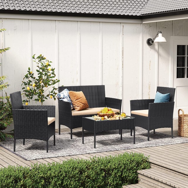 SONGMICS Σετ Έπιπλα Βεράντας - Κήπου Premium PE Polyrattan, Μαύρα,GGF004B05 