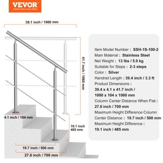 VEVOR  Κουπαστές 39.4 για Εξωτερικά Σκαλοπάτια με 2 Ράβδους για Βεράντα/Κατάστρωμα BXGSLZFS100CZ97QUV0
