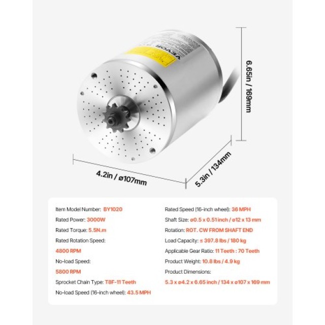 VEVOR 3000W Ηλεκτρικός Κινητήρας Χωρίς Ψήκτρες 60V 4800rpm για Ηλεκτρικό Ποδήλατο και Μοτοσικλέτα Εκτός Δρόμου ZLWSDJTJ30004E56GV9