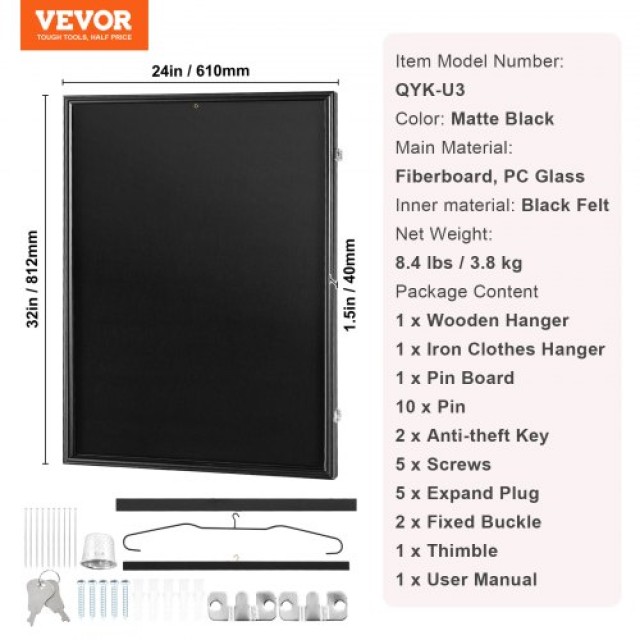 VEVOR  Κάσα Προβολής Φανέλας, 24 x 32 x 1.5 in, Μεγάλο Κλειδωμένο Κουτί Σκιάς Αθλητικής Φανέλας με 98% UV Προστασία και Κρεμάστρες, Μαύρο QYZSKJZX243221LDLV0