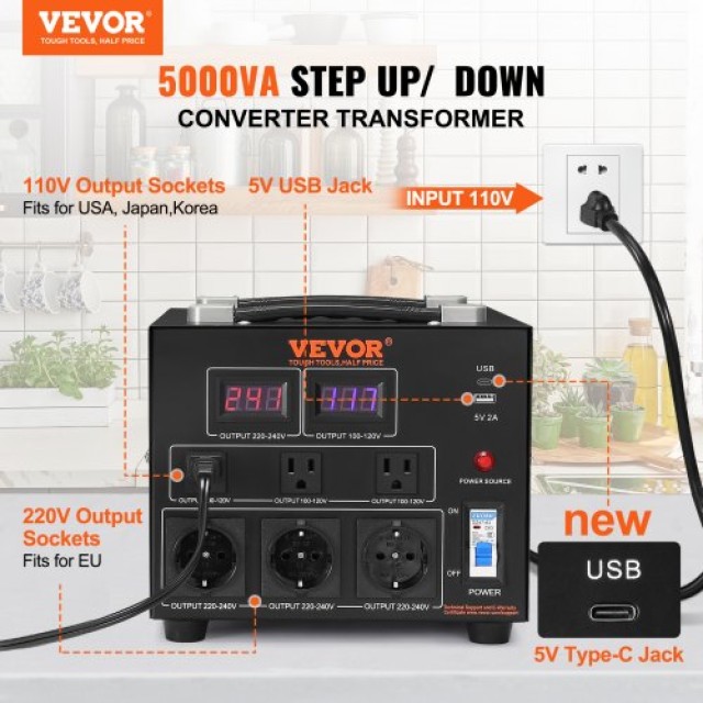 Μετασχηματιστής Τάσης VEVOR 5000W, Βαρέως Τύπου, CE Πιστοποιημένος ...