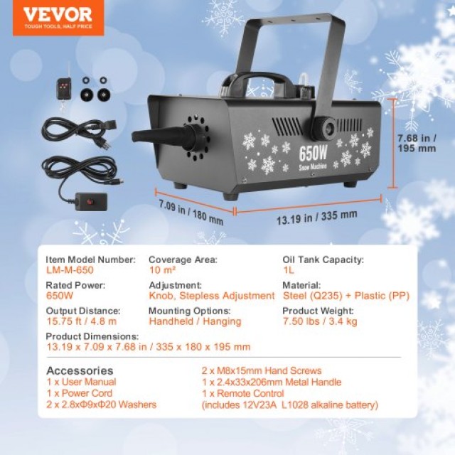 VEVOR  Φορητή Μηχανή Χιονιού 650W για Γιορτές XHJXP650WSCXBZFQ9V2