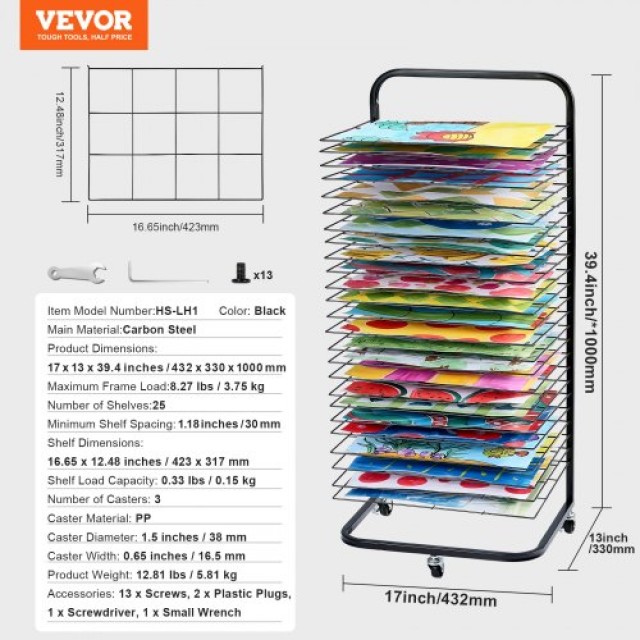 VEVOR  Ράφι Στεγνώματος Τέχνης με 25 Αφαιρούμενα Ράφια και Ρόδες Μα...