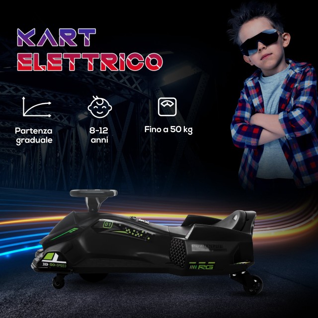 HOMCOM Ηλεκτρικό Go Kart για Παιδιά 8-12 Ετών Ταχύτητα 3-8 χλμ/ώρα για Drifting με Φώτα και Μουσική Μαύρο 370-307V90BK