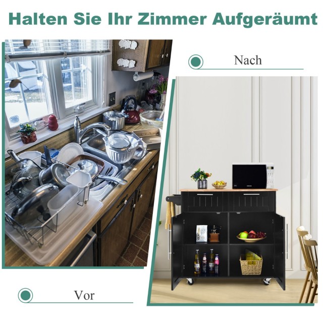 Costway Πολυλειτουργικό Μαύρο Τρόλεϊ Κουζίνας με Συρτάρια και Ντουλ...