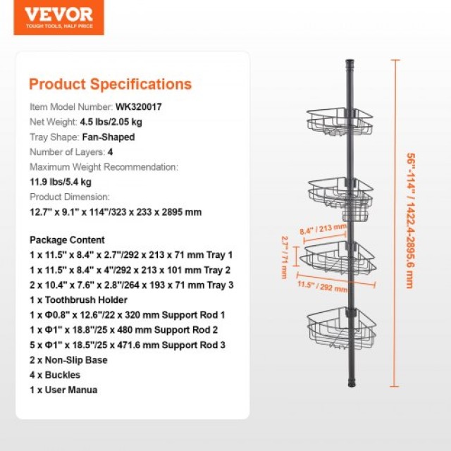 VEVOR  Γωνιακή Ράβδος Ντους 142-290cm Αντοχής στη Σκωρία  SCTPBXGSX...