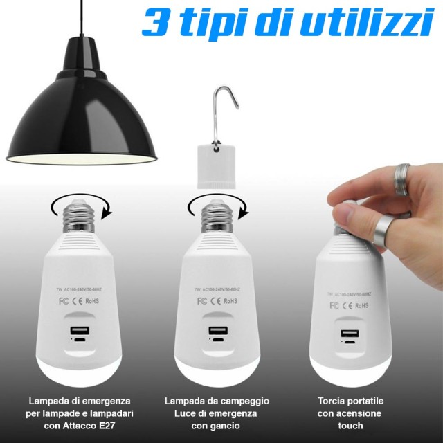 BAKAJI  Λάμπα με Μπαταρία USB E27 Φως Led Λάμπα Έκτακτης Ανάγκης Κατασκήνωσης με Powerbank  02833491