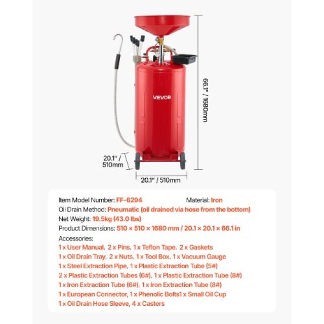 VEVOR Φορητή Δεξαμενή Αποστράγγισης Λαδιού 79.5L με Ρυθμιζόμενο Χων...