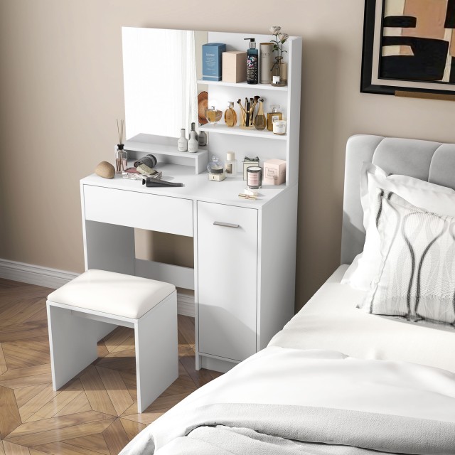 HOMCOM Τουαλέτα Μακιγιάζ με Καθρέφτη και Σκαμπό Συρτάρι Ντουλάπι κα...