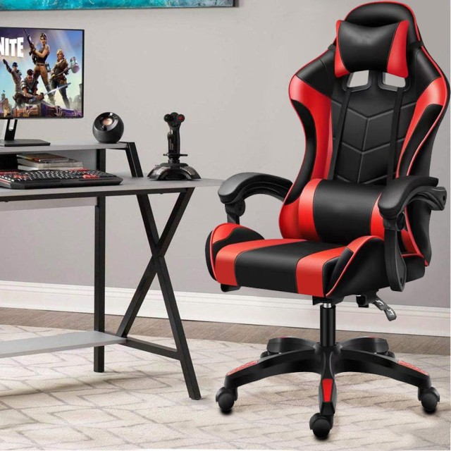 BAKAJI  Μαύρη και Κόκκινη Καρέκλα Gaming με Μαξιλάρι Στήριξης Κεφαλής και Οσφυϊκής Περιοχής Καρέκλα Γραφείου  02841594